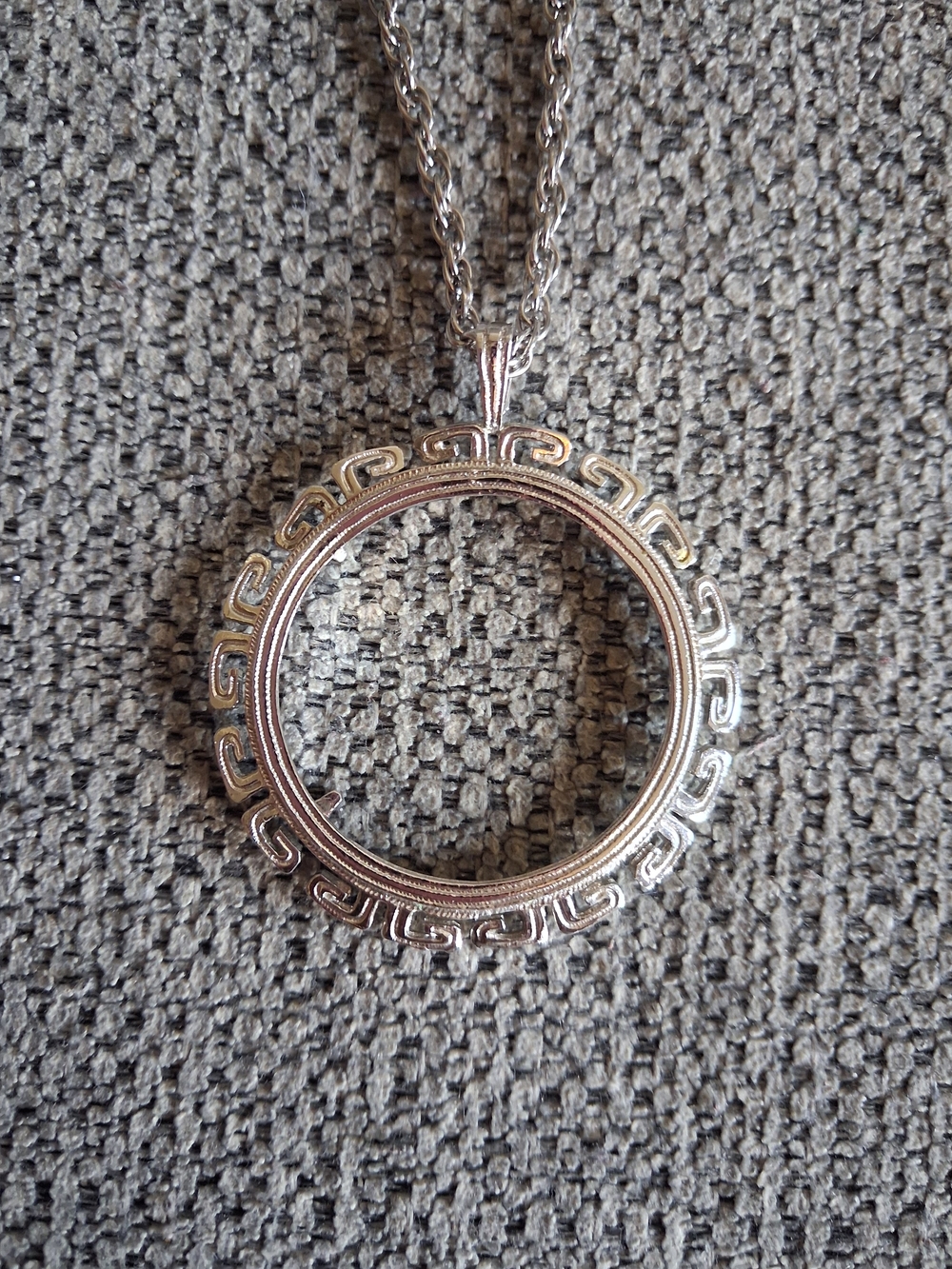 Silver Round Filigree Greek Key Coin Holder Pendant Necklace - Women Jewelry
